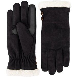 Women's Black Water Repellent Microsuede Gloves Sherpa Lined Button Detail